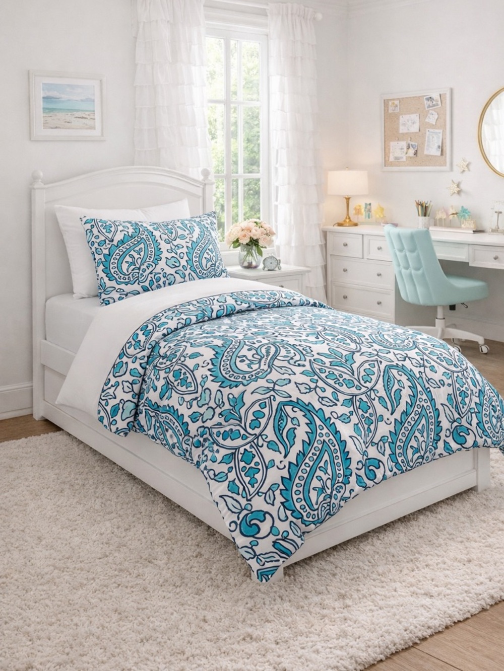 Pottery Barn Teen Twin Duvet Cover & Sham Navy Aqua Paisley Cotton Dorm Preppy